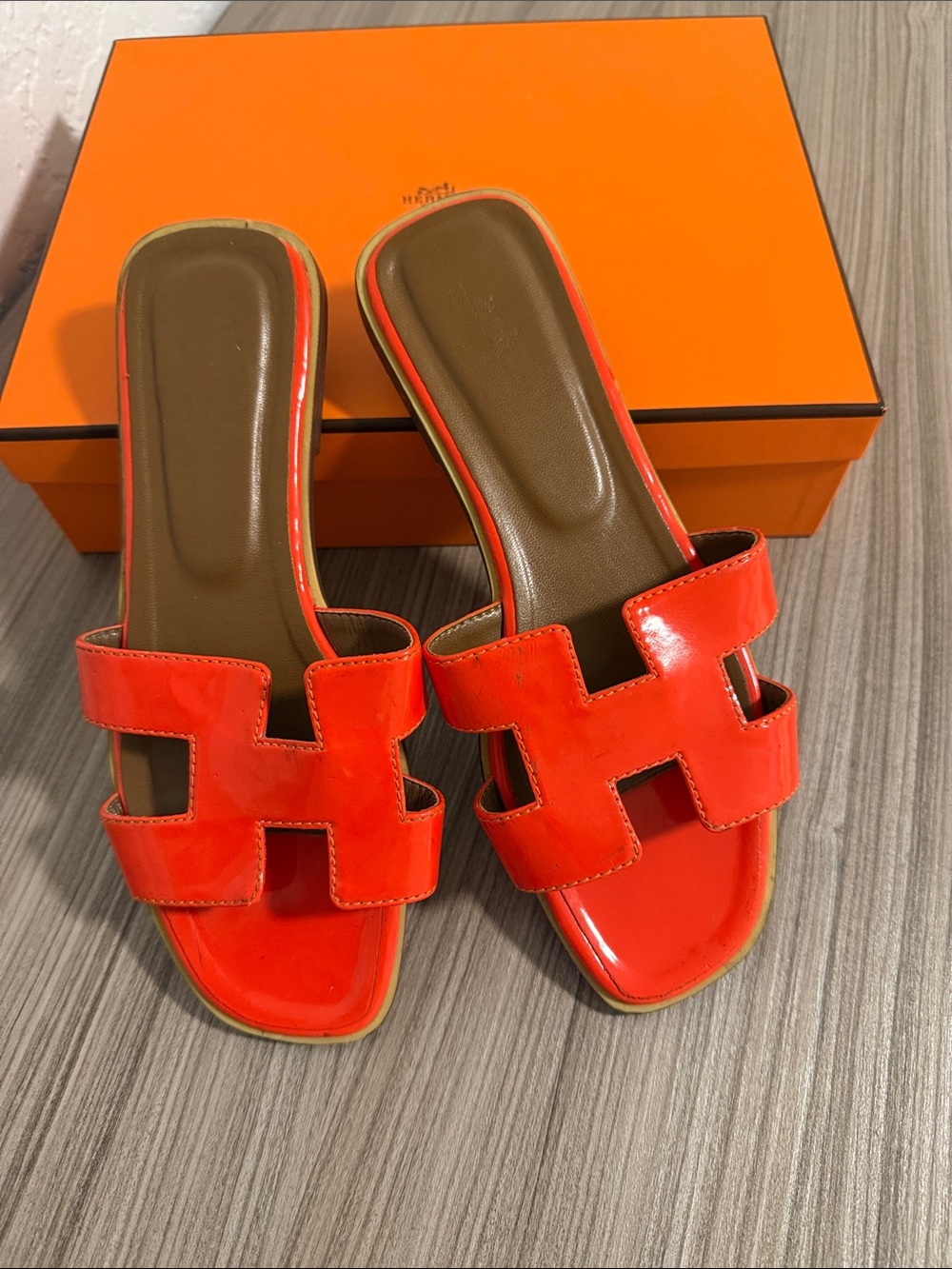 Hermès Orange Patent Leather Oran Sandals